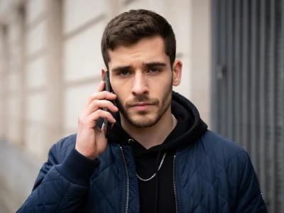 Luigi Kröner en portrait, portant une veste bleue, en train de passer un appel téléphonique dans la rue