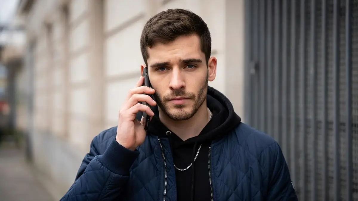 Luigi Kröner en portrait, portant une veste bleue, en train de passer un appel téléphonique dans la rue