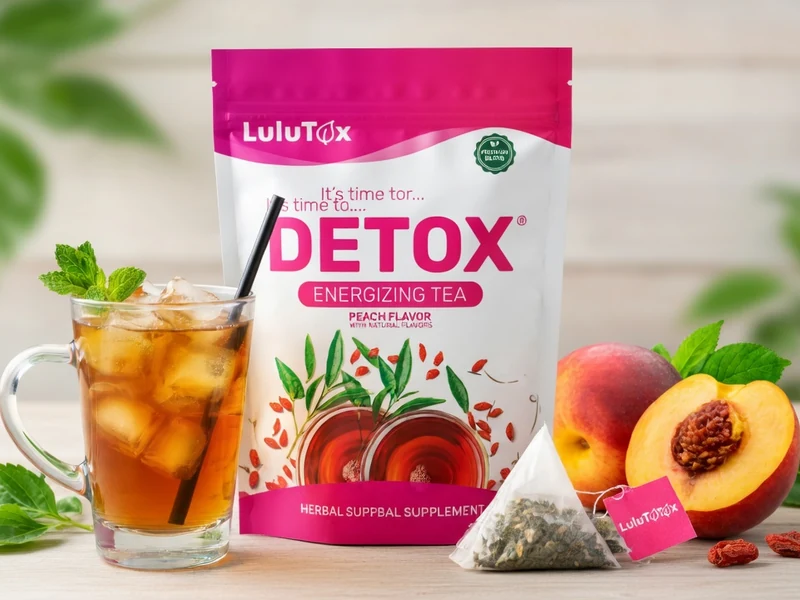 Un verre de Lulutox Detox Tea glacé accompagné de pêches fraîches et de menthe
