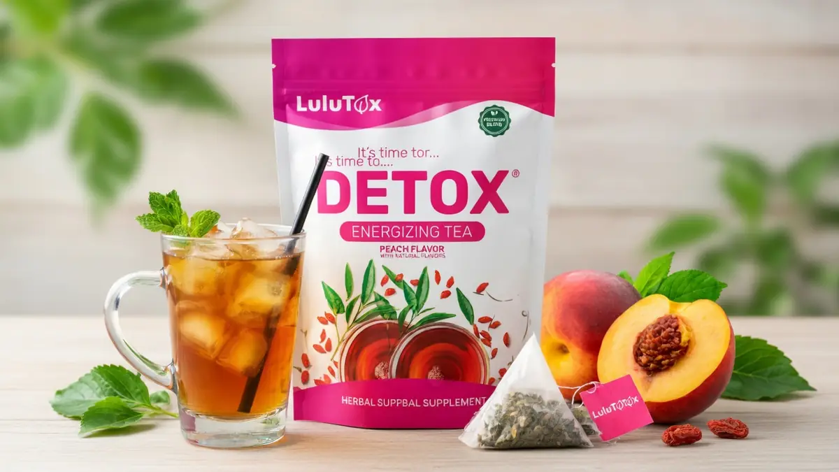 Un verre de Lulutox Detox Tea glacé accompagné de pêches fraîches et de menthe