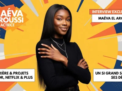 Maéva El Aroussi pose souriante les bras croisés devant un fond graphique coloré