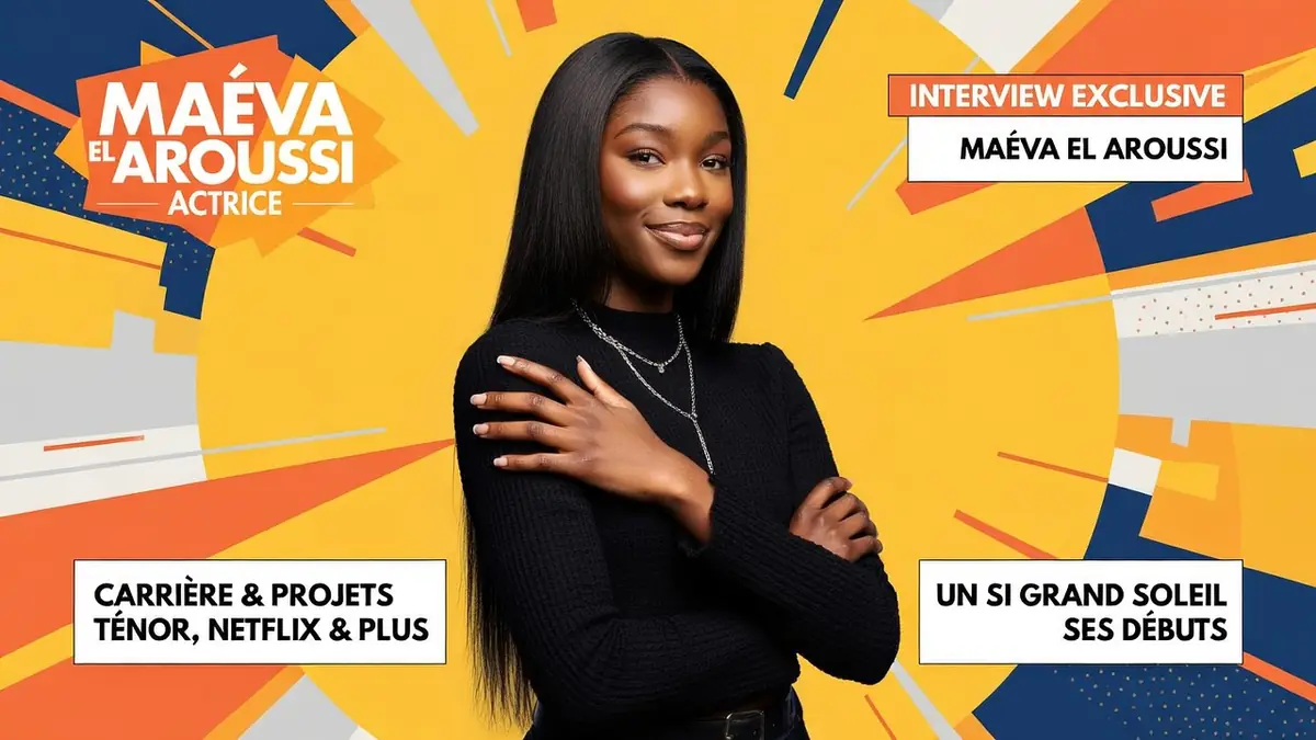 Maéva El Aroussi pose souriante les bras croisés devant un fond graphique coloré