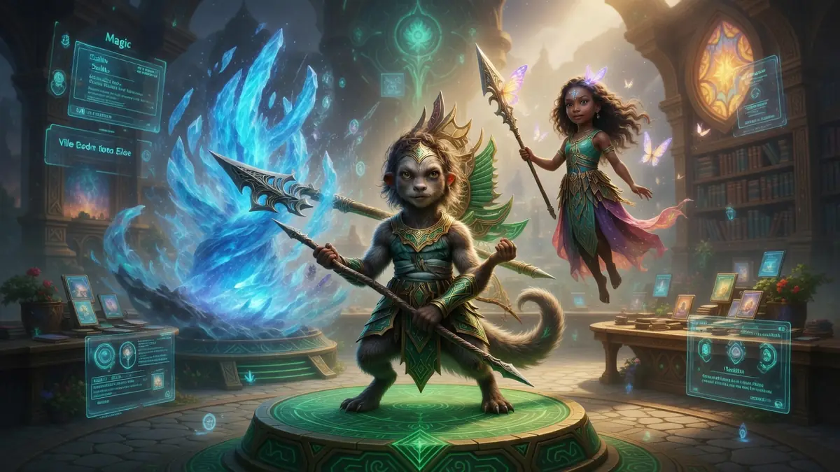 Deux créatures fantastiques armées de lances évoluent dans un décor féerique évoquant l'univers de magic Ville