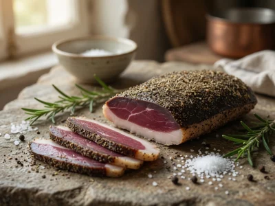 Un magret de canard séché entier et quelques tranches sur une table rustique.
