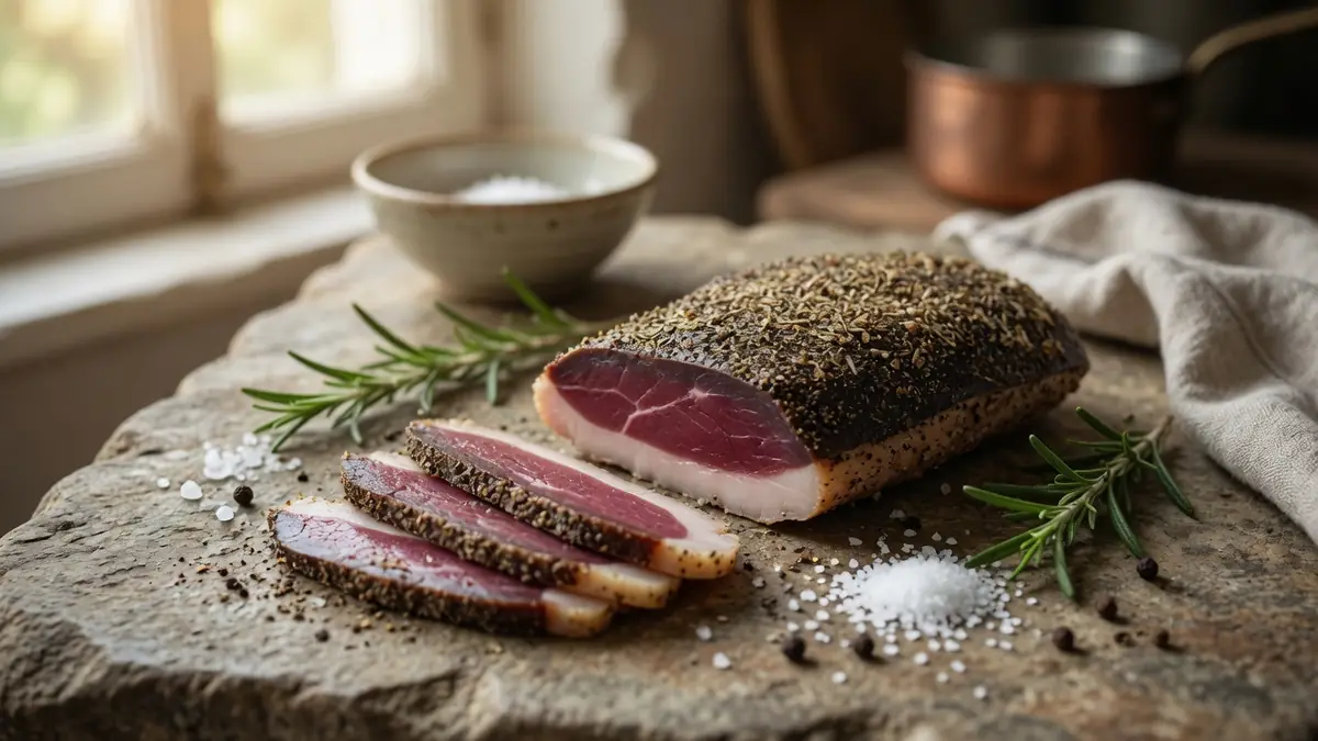 Un magret de canard séché entier et quelques tranches sur une table rustique.
