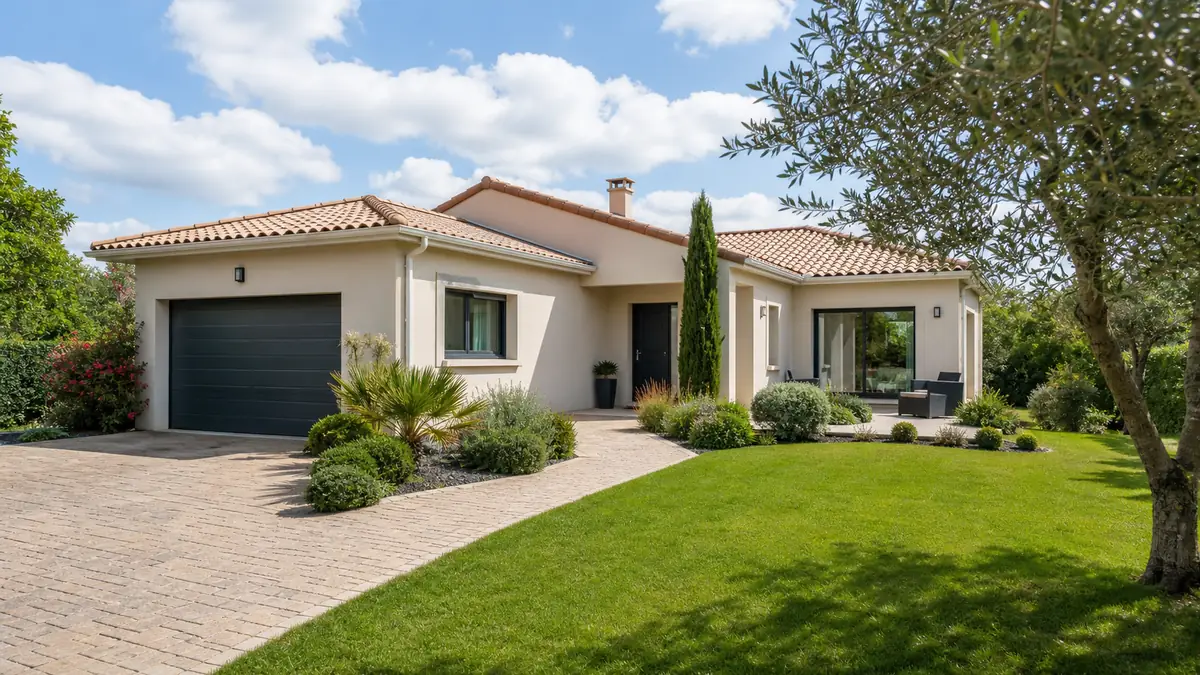 Maison à vendre autour de moi avec jardin et garage dans un quartier résidentiel.