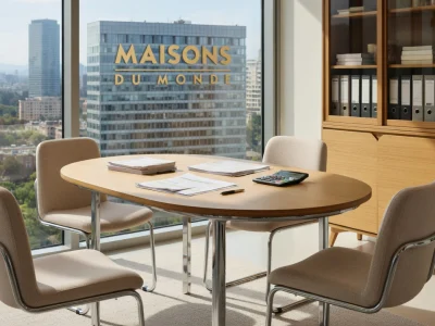 Une salle de réunion moderne avec vue sur un immeuble portant le logo de Maisons du Monde