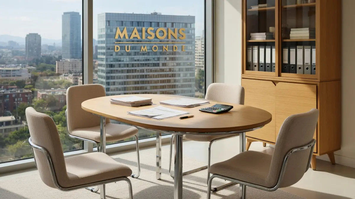 Une salle de réunion moderne avec vue sur un immeuble portant le logo de Maisons du Monde