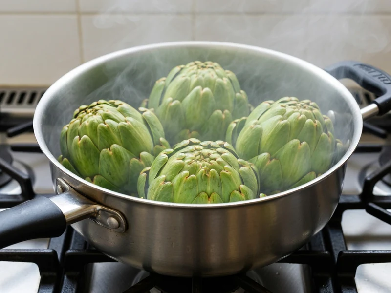 Des artichauts cuisent à la vapeur sur la cuisinière pour l'artichaut cuisson