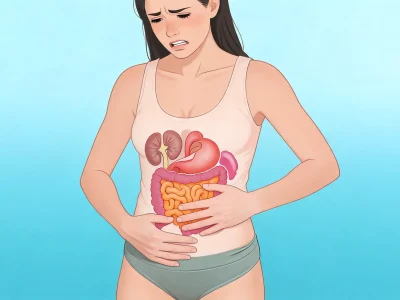 Femme souffrant d'un mal ventre côté gauche avec une illustration anatomique de ses organes internes