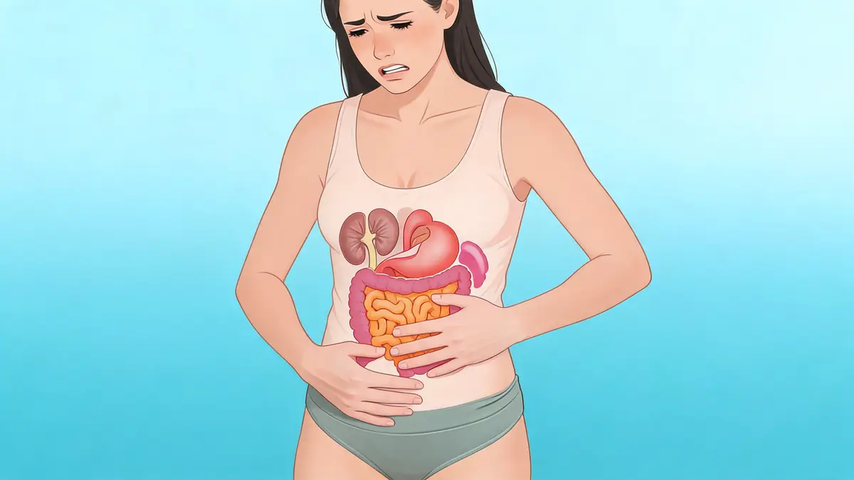 Femme souffrant d'un mal ventre côté gauche avec une illustration anatomique de ses organes internes