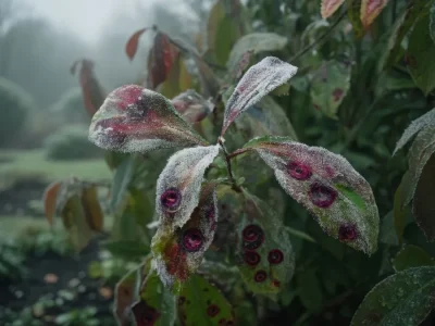 Feuilles d'un photinia touchées par la maladie Photinia dans un jardin humide.