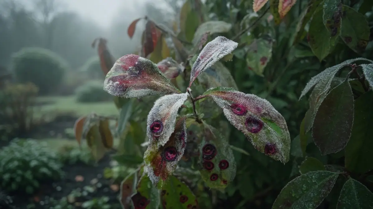 Feuilles d'un photinia touchées par la maladie Photinia dans un jardin humide.