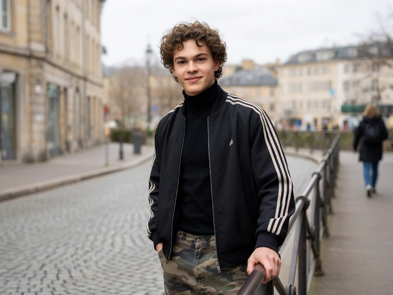 Portrait de l'acteur Maleaume Paquin souriant en extérieur dans une rue pavée