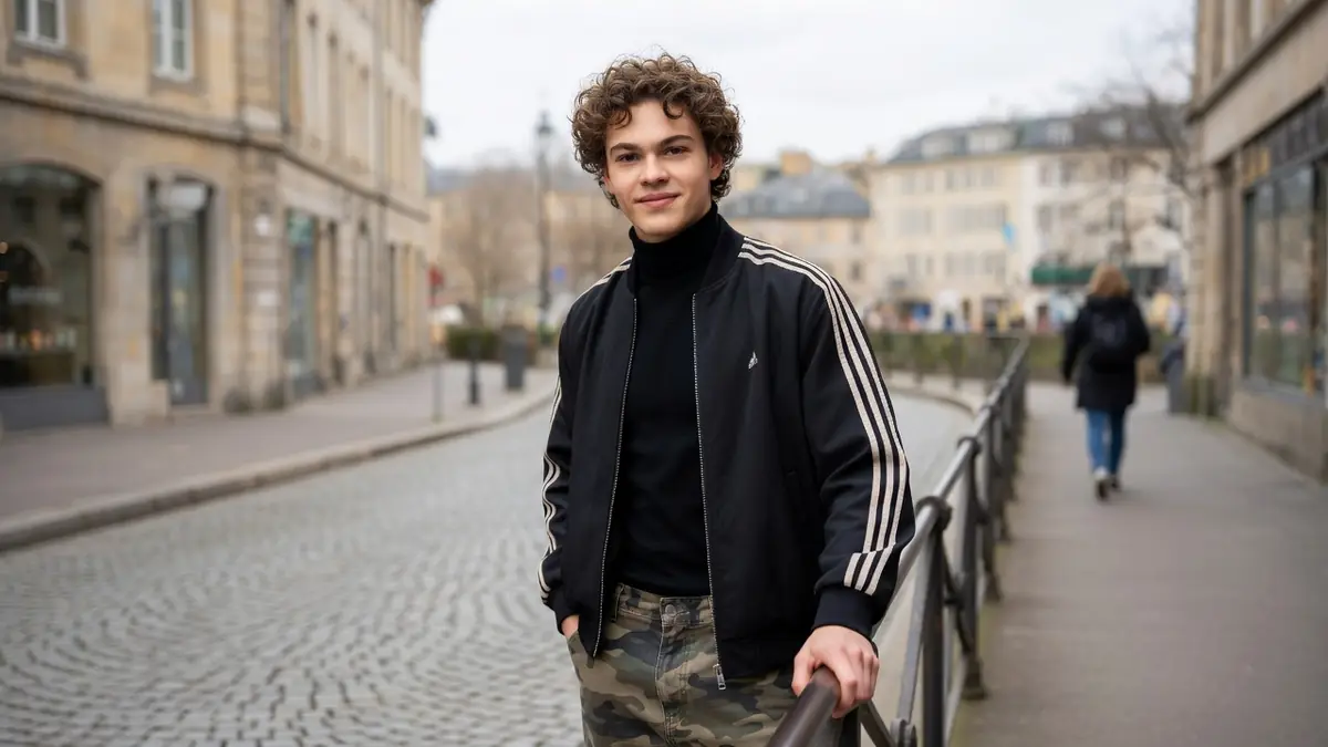 Portrait de l'acteur Maleaume Paquin souriant en extérieur dans une rue pavée