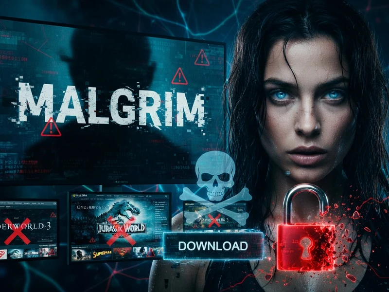 Une femme aux cheveux sombres illustre Malgrim streaming au milieu d'éléments numériques et d'un cadenas rouge