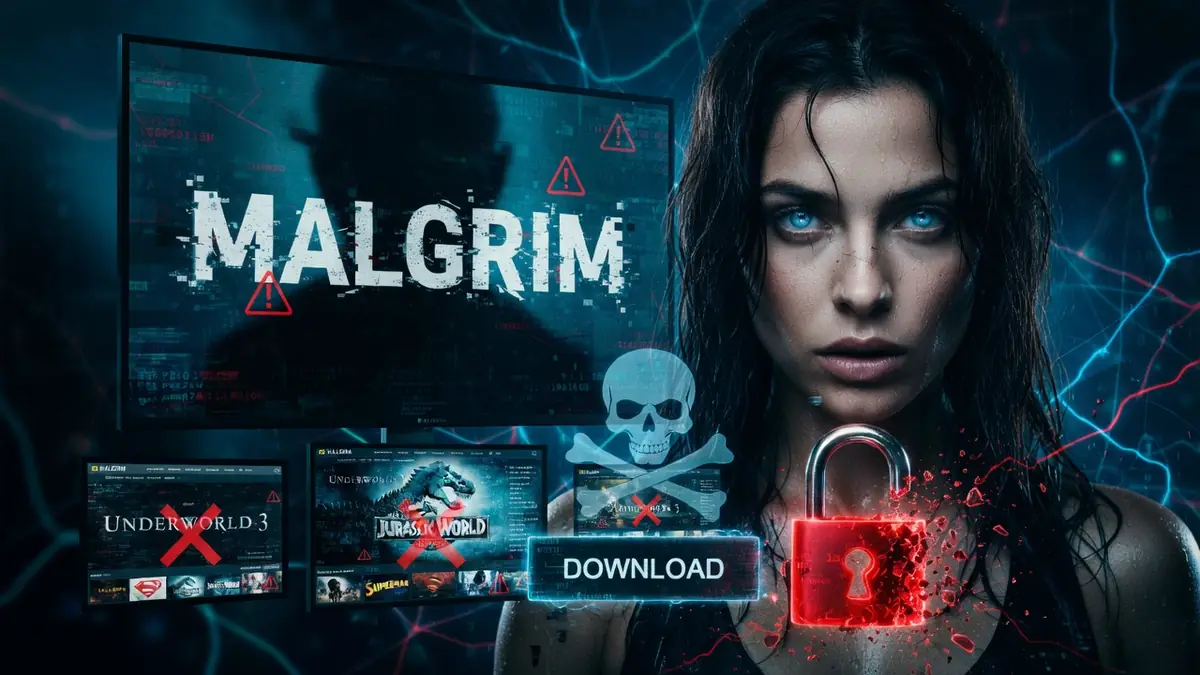 Une femme aux cheveux sombres illustre Malgrim streaming au milieu d'éléments numériques et d'un cadenas rouge