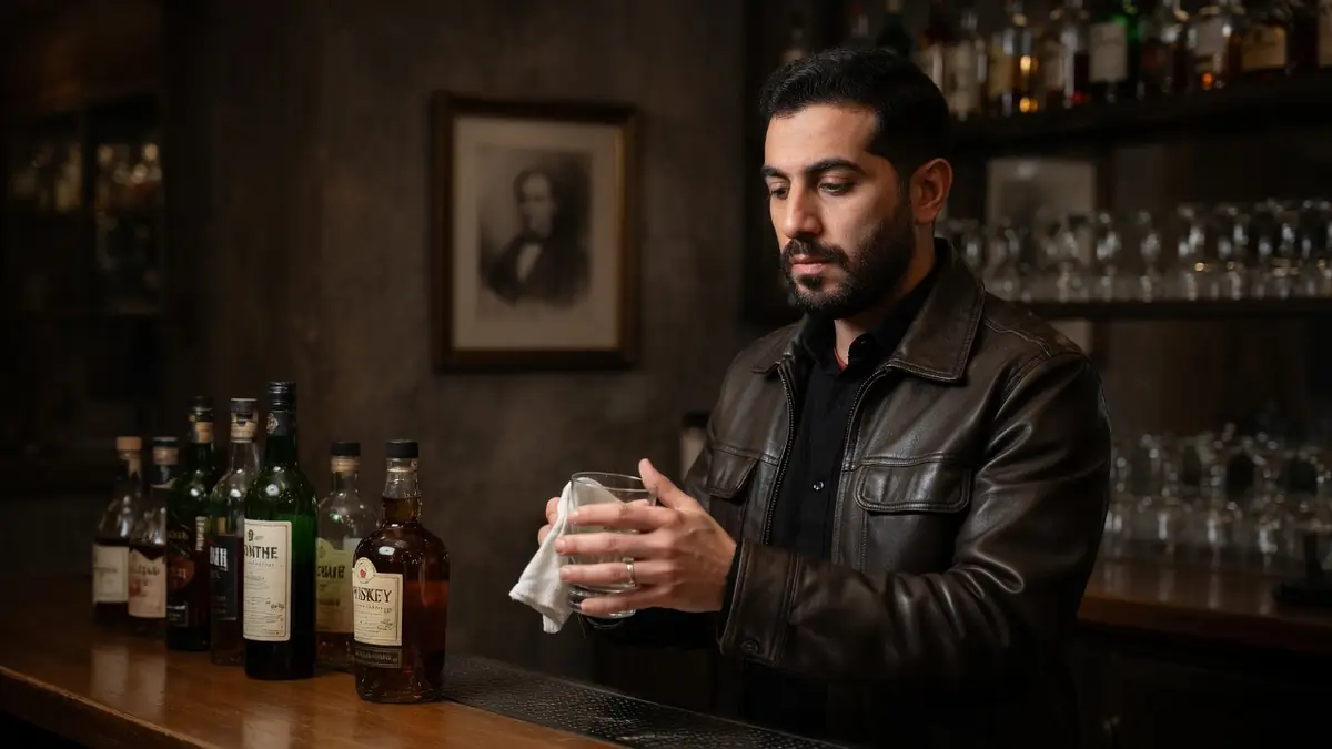 Malik Tadj essuie un verre au comptoir d'un bar sombre à l'ambiance feutrée