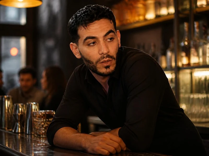 Portrait de Malik Tadj posant dans l'ambiance feutrée d'un bar en arrière-plan