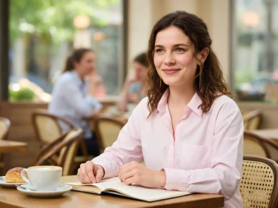 Malou Mullier assise à la terrasse d'un café avec un livre et une tasse de café devant elle