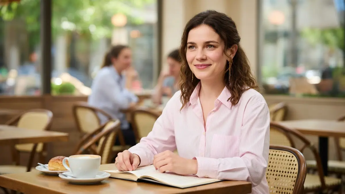 Malou Mullier assise à la terrasse d'un café avec un livre et une tasse de café devant elle