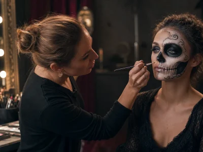 Une maquilleuse Halloween réalise un maquillage artistique sur un modèle.