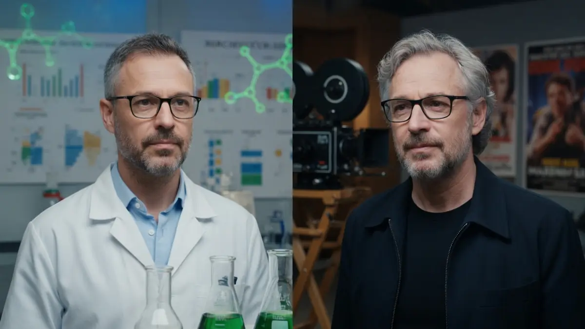 Marc Robert apparaît en scientifique dans un laboratoire et en créateur dans un studio de production