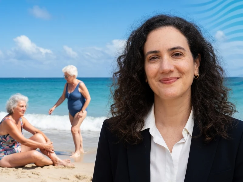 Margaux Fournier pose au premier plan avec, en arrière-plan, deux femmes profitant de la plage