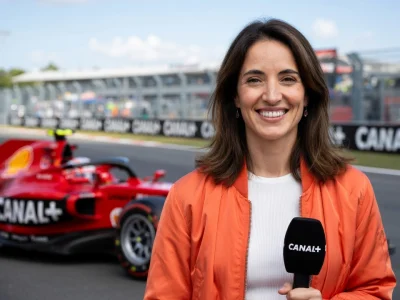Margot Laffite sourit sur la piste d'un circuit avec une voiture de Formule 1 rouge en arrière-plan