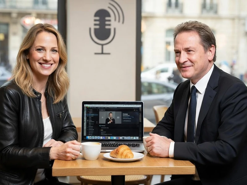Margot Pelletier est assise à une table de café avec un homme en costume pour un entretien professionnel