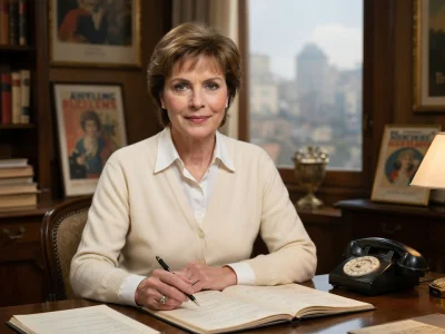 Marie-Catherine Conti assise à son bureau tenant une plume au-dessus d'un livre ouvert