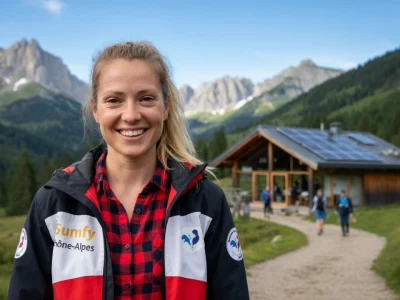 Marie Dorin Habert se tient souriante sur un chemin de montagne devant un chalet en bois