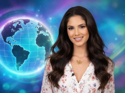 Marie Payet sourit devant un globe terrestre aux reflets bleus et lumineux