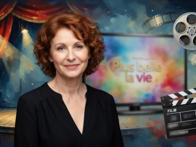 Marie Piton est photographiée devant un décor de théâtre et de cinéma