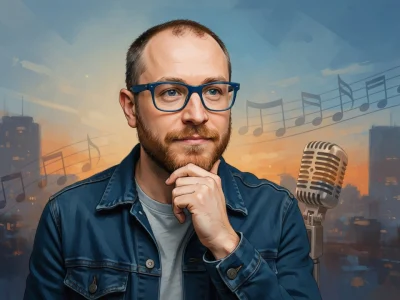 Marius Colucci la main au menton réfléchit devant un micro vintage et des notes de musique sur fond de ville au crépuscule