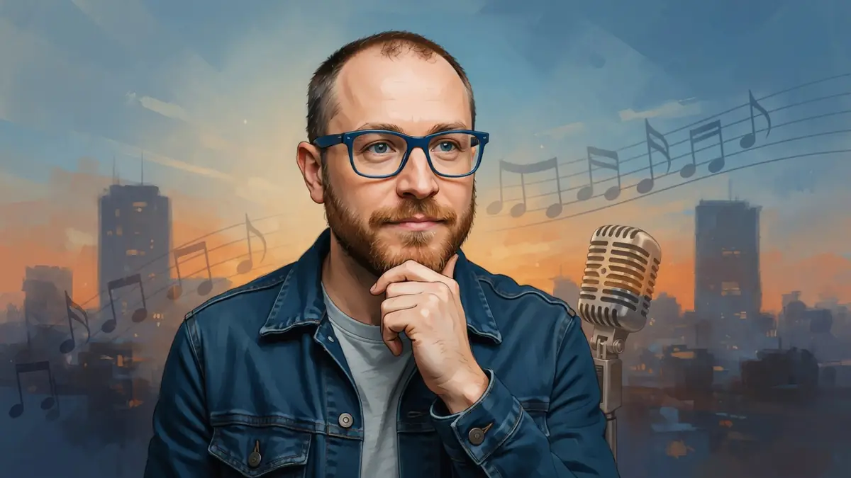 Marius Colucci la main au menton réfléchit devant un micro vintage et des notes de musique sur fond de ville au crépuscule