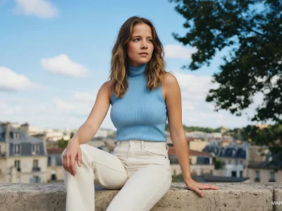 Portrait de Marysole Fertard posant en extérieur avec un haut bleu clair et un pantalon blanc