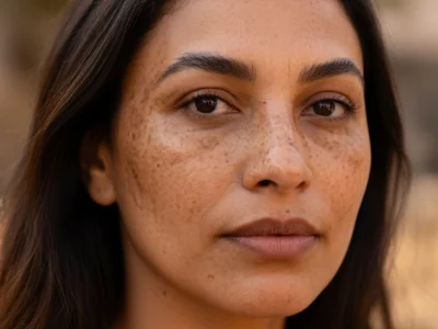Portrait en gros plan d'une femme présentant des taches de pigmentation caractéristiques d'un masque de grossesse