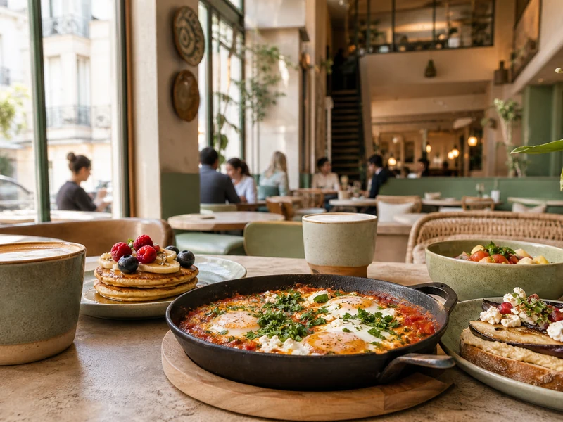 Une table de brunch méditerranéen au matin des Oliviers, dans un café parisien lumineux.