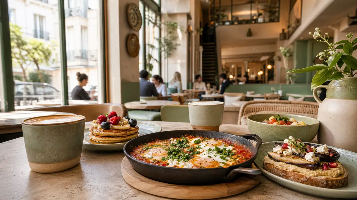 Une table de brunch méditerranéen au matin des Oliviers, dans un café parisien lumineux.
