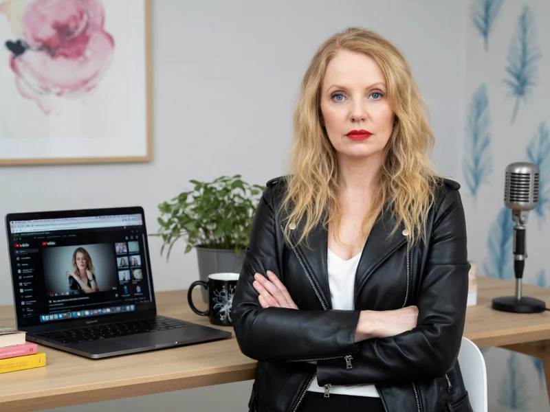 Maud Bettina-Marie les bras croisés à son bureau face à un ordinateur et un micro