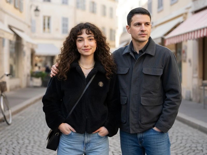 Maya Rose Binard pose aux côtés d'un homme dans une rue pavée animée