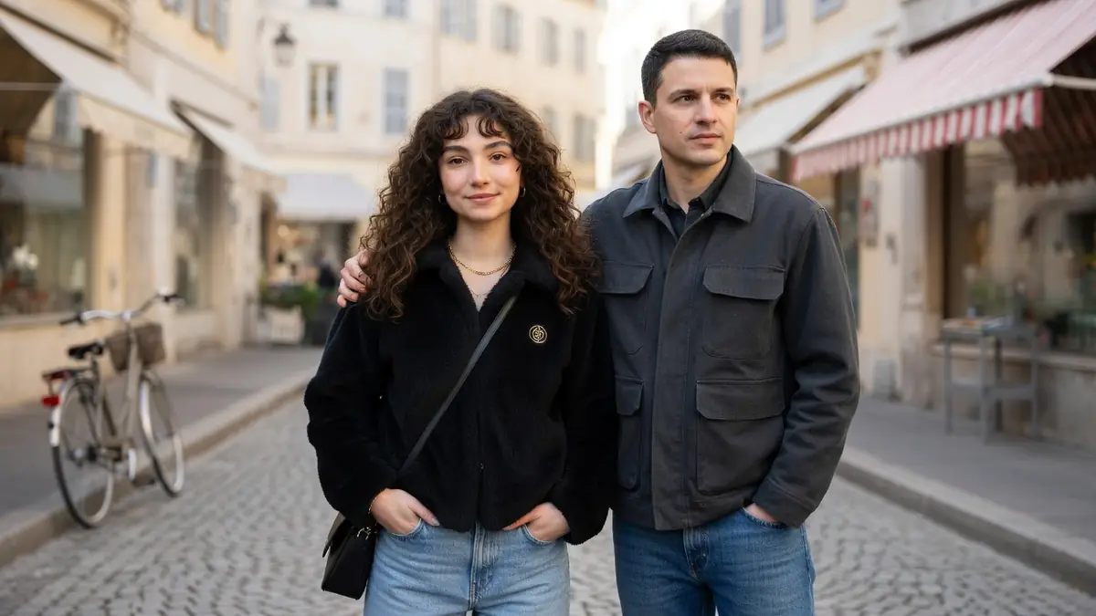 Maya Rose Binard pose aux côtés d'un homme dans une rue pavée animée
