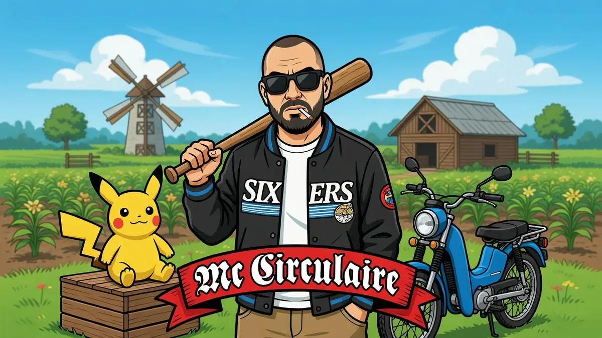 Mc Circulaire brandit une batte de baseball dans un paysage rural avec Pikachu et une moto bleue