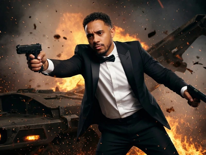 Mister V incarne McWalter en costume d'agent secret devant une explosion spectaculaire
