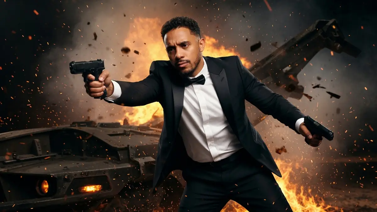 Mister V incarne McWalter en costume d'agent secret devant une explosion spectaculaire