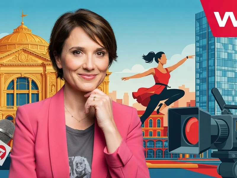 Mélanie Taravant sourit avec la main près du visage au milieu d'éléments journalistiques et urbains