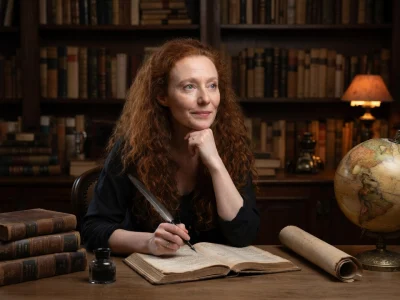 Mélanie Traversier écrit avec une plume dans une bibliothèque ancienne entourée de livres et d'un globe