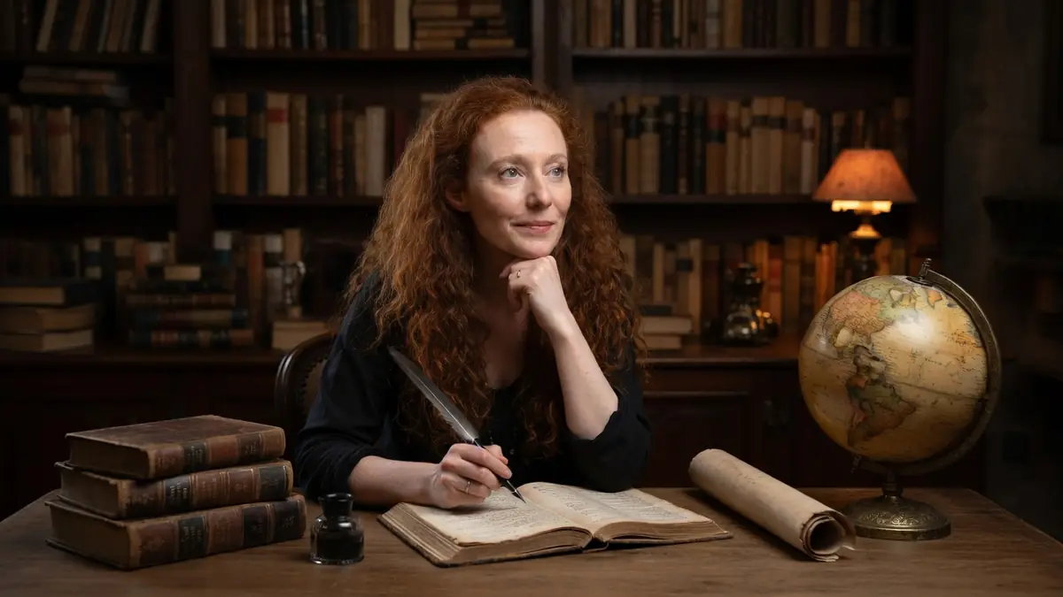 Mélanie Traversier écrit avec une plume dans une bibliothèque ancienne entourée de livres et d'un globe