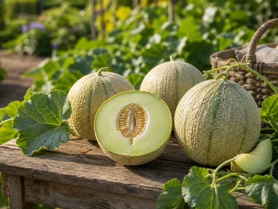 Des melons galia mûrs posés au soleil dans un potager.